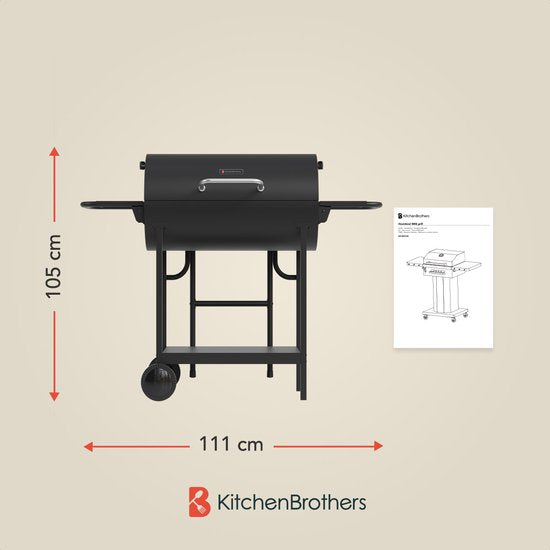 KitchenBrothers 2-in-1 Charcoal BBQ XL - Einstellbare Lüftungsschlitze - Doppel-BBQ - Beistelltische - Grillrost BBQ - Schwarz