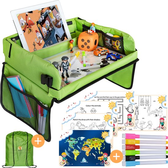 Qualita® Reisetisch für Kinder Grün - Tablet-Halter Auto - Autotisch - Spieltisch Auto - Auto-Organisator Kinder - Zeichentisch Auto - Klappbarer Reisetisch - faltbarer Reisetisch -