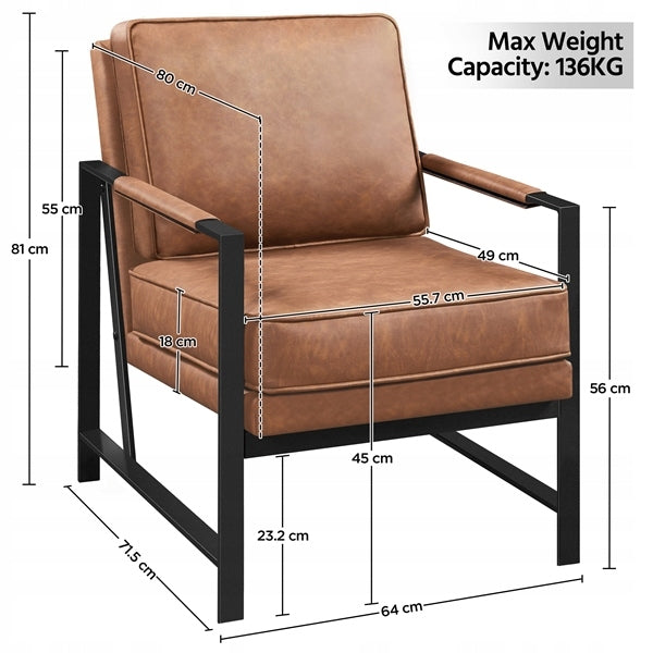 Yaheetech Retro-Loungesessel – Kunstleder mit schwarzem Metallgestell – Hellbraun – 64 x 80 x 81 cm