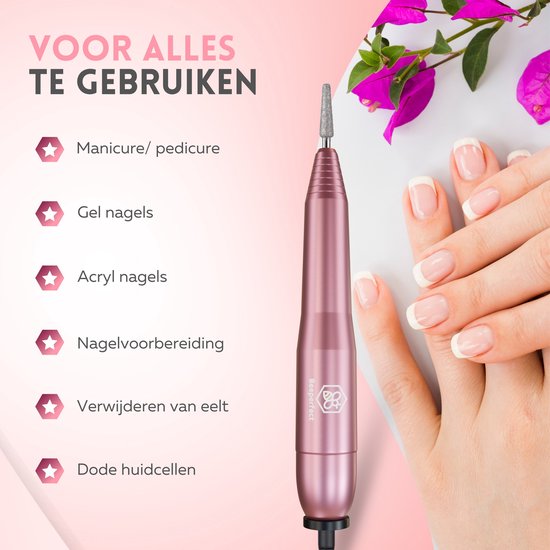 Beeperfect® Elektrische Nagelfeile - Nagelfräser - Maniküre- und Pediküreset - 12 Bits und 60 Schleifrollen - 4 Extra-Zubehör - Pink