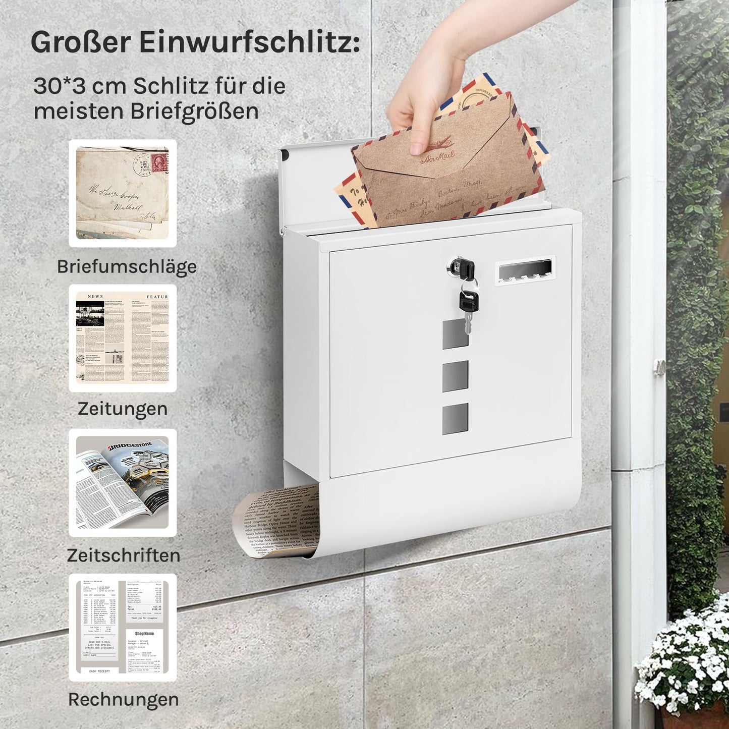 Woltu Wandbriefkasten – 10 × 30,8 × 33,8 cm – Zeitungsfach – Namensschild – Weiß
