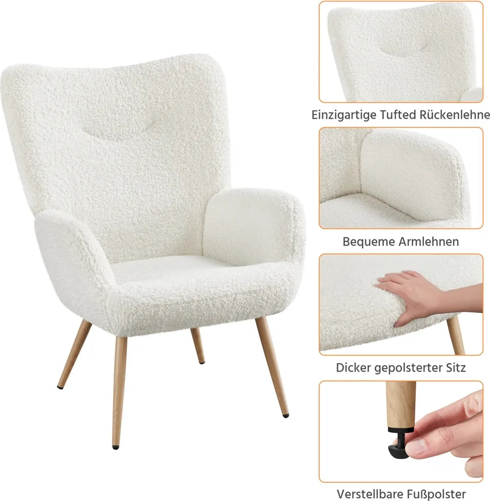 Yaheetech Relaxsessel 73,5 x 81 x 98 cm – Weiß – Skandinavischer Sessel mit Bouclé-Bezug