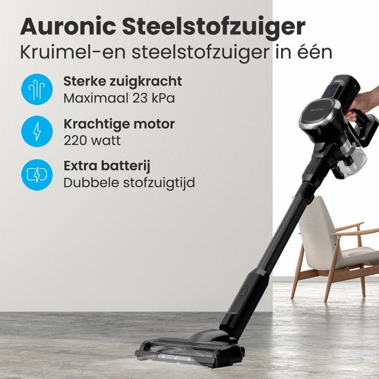 Auronic Stick Staubsauger - Kabellos - Beutellos - Akkubetrieben - Selbstständig - 220W - Extra Akku - Staubsauger - Schwarz