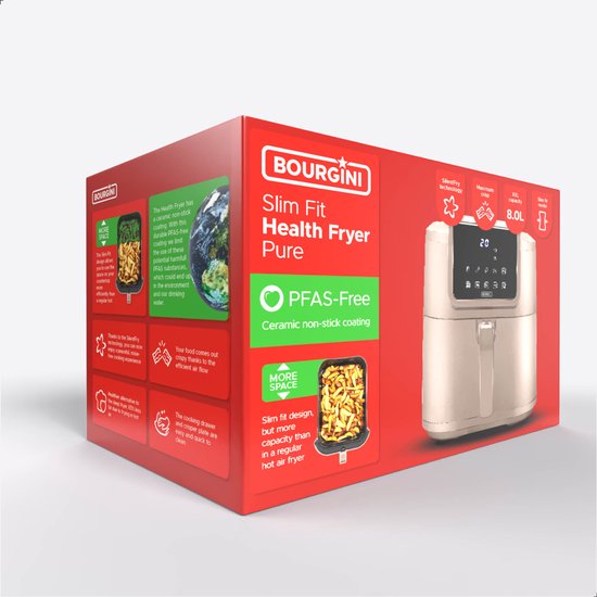 Bourgini Slimfit Airfryer XXL Beige - Heißluftfritteuse - 8 Liter - 1700W - PFAS frei
