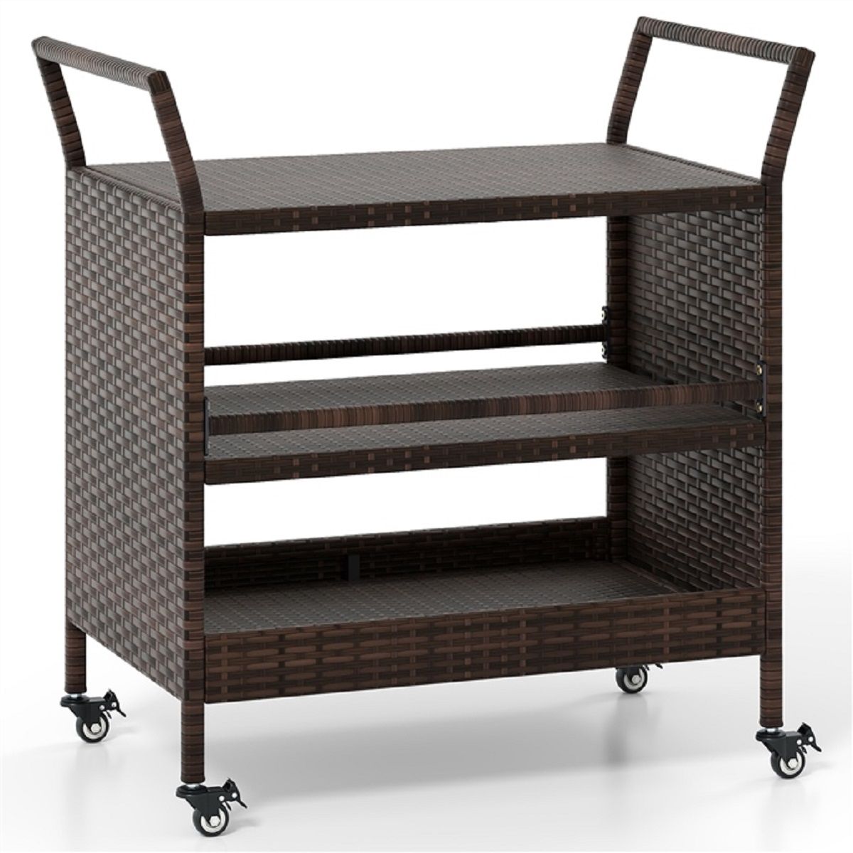 Coast Gartenbarwagen – 3 Ablagen – Rattan mit feststellbaren Rädern – Braun – 86 x 50 x 89 cm