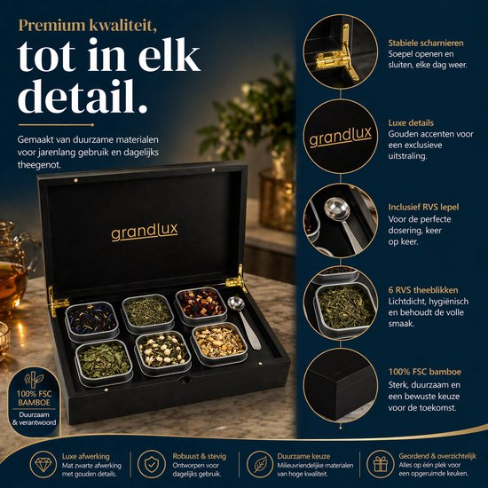 Grandlux Teebox mit 6 Fächern – Teebox für losen Tee – Edelstahl-Löffel – 100 % FSC-zertifiziertes Bambus – 6 Teedosen – Tee-Organizer – Teebox – Schwarz