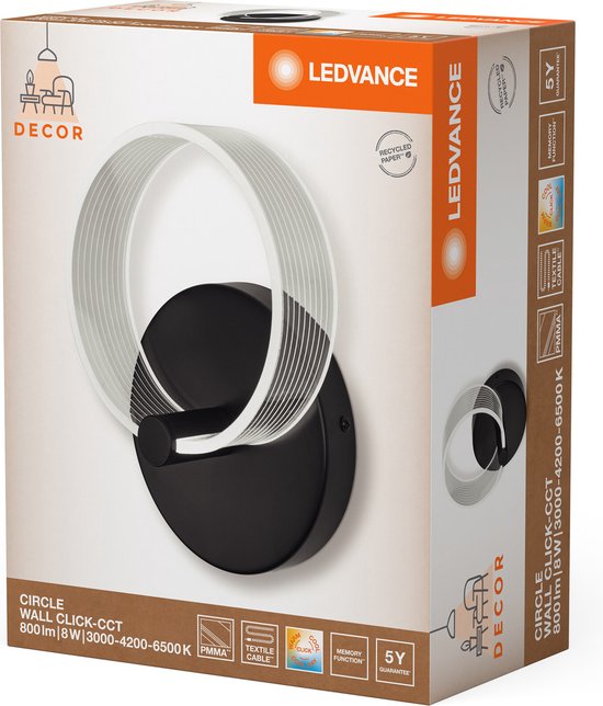 Die LEDVANCE DECOR Circle Wandleuchte in Kreisform bietet eine Beleuchtungsvariante mit 8 Watt und verfügt über die Click-CCT-Funktion zur flexiblen Anpassung der Lichtfarbe.