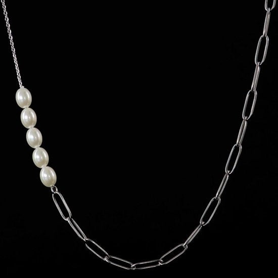 Laura Ferini Damenhalskette Perla Silber - Asymmetrische Gliederkette aus Silber mit Perlen - 18K Weißgold vergoldet - Halskette - Halskette - Schmuck - Accessoires - Damenhalskette mit Perlen