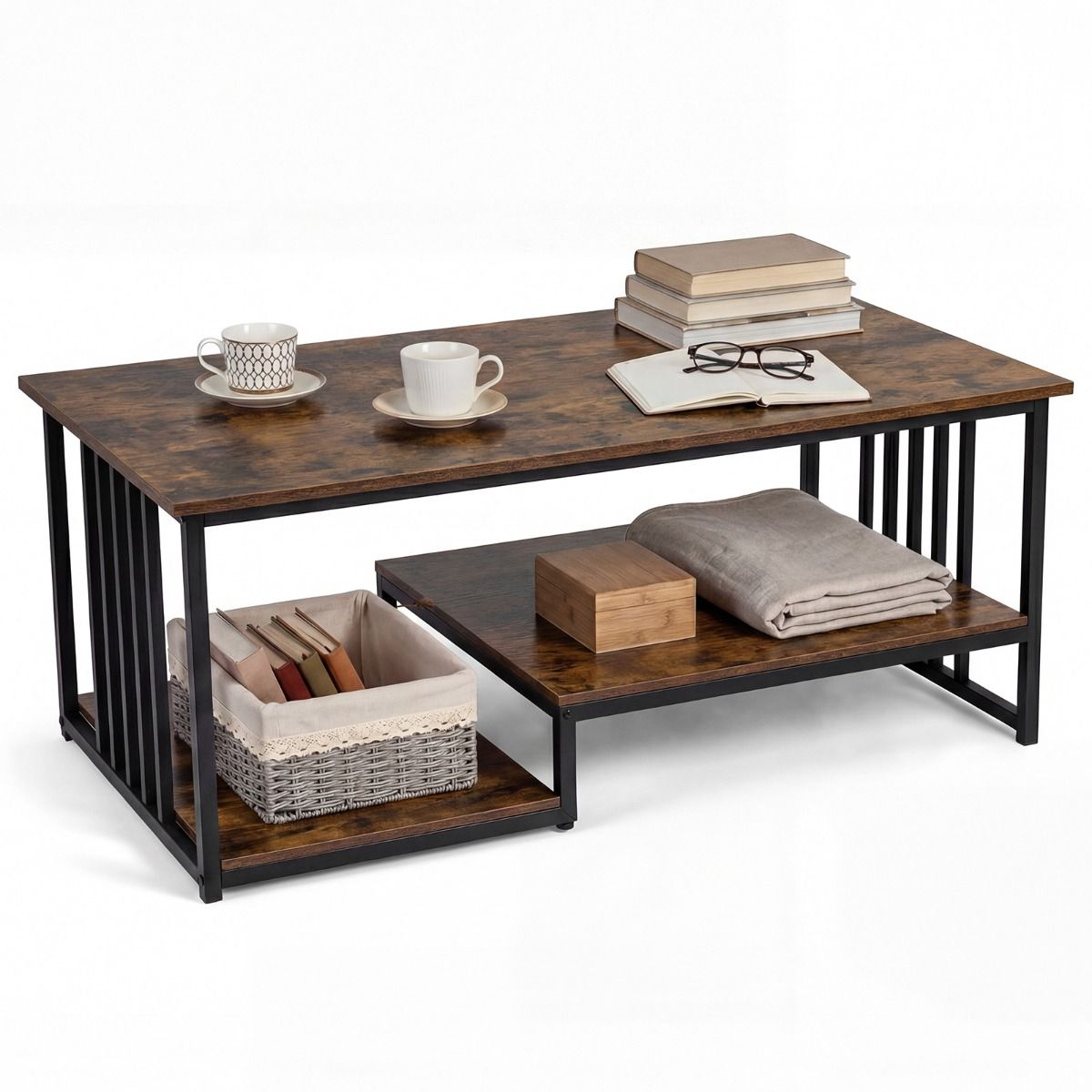 Coast Couchtisch – rechteckig – 2 Ablageflächen – rustikales Braun/Schwarz – 110 x 60 x 45 cm