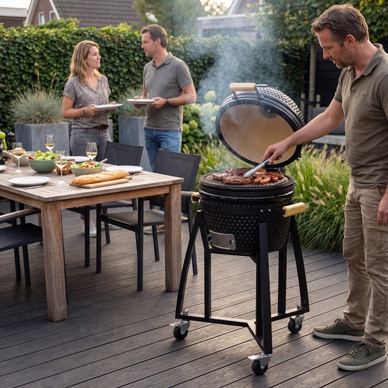 KitchenBrothers Kamado BBQ Sockel - Für 41⌀ cm - Geeignet für 16-Zoll KitchenBrothers Kamado - 102 cm Höhe - Mit Rädern und Bremse - Schwarz