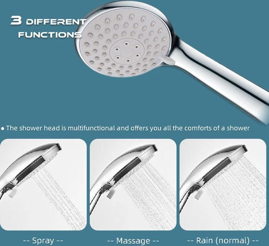 Fuegobird Duschköpfe - mit Schlauch und Halter - 3 Funktionen - Wassersparende Handbrause - Silber