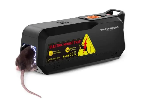 Vulpes Goods® - Elektrische Mausefalle Mini - 18,8 x 8 x 6 cm - Ausgestattet mit 1800V Schockspannung und doppelter Leistung und LED-Anzeige und Summer - Für Innen und Küche - Schwarzer ABS-Kunststoff