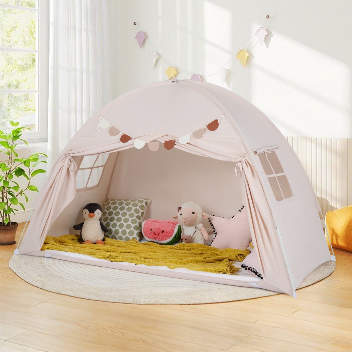 Coast Kinderzelt für zwei Personen – Zusammenklappbares Baldachinzelt – Mit Fenstern und Fahnenbanner – 201 x 100 x 122 cm – Beige