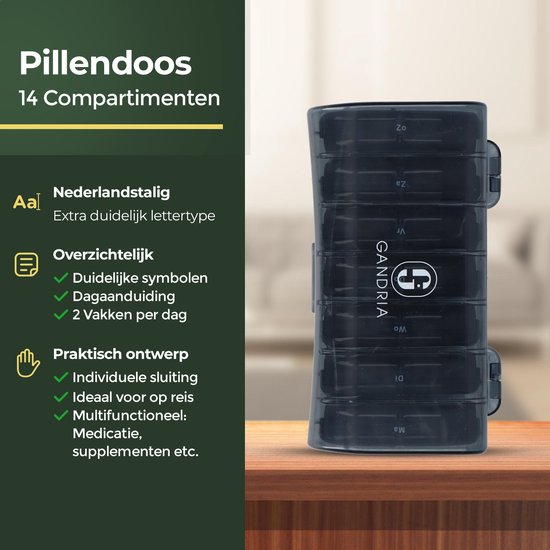 Gandria Pillendose 7 Tage - Herausnehmbare Pillendose - Medizinbox mit 14 Fächern - Medizinbox mit stabilem Verschluss - 2 Fächer pro Tag - Schwarz