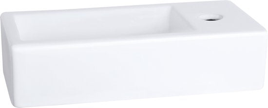 Differnz Helios Waschtisch-Set – 37,5 × 18,5 × 9,5 cm – Rechteckig – 1 Hahnloch rechts – Gerader, mattschwarzer Wasserhahn – Weiß