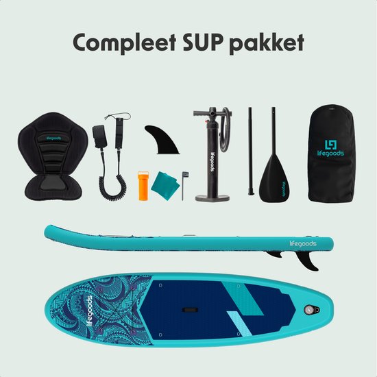 LifeGoods SUP Board All-round Compact - mit Sitz - 100 KG Tragfähigkeit - 300 x 76 cm - Aufblasbar - Komplettes SUP Paket - Blau