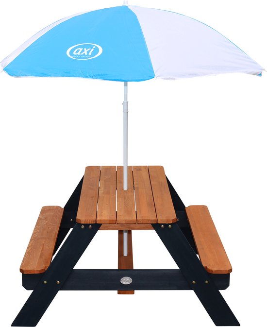 AXI Nick Picknicktisch Anthrazit/Braun – Sonnenschirm Blau/Weiß – Picknicktisch für Kinder aus FSC-Holz