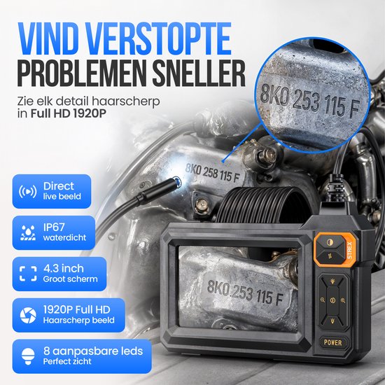 Strex Endoskop mit Bildschirm 5M – Inspektionskamera – Kanalinspektionskamera mit HD-Bild – IP67 wasserdicht – Einstellbare LED-Beleuchtung