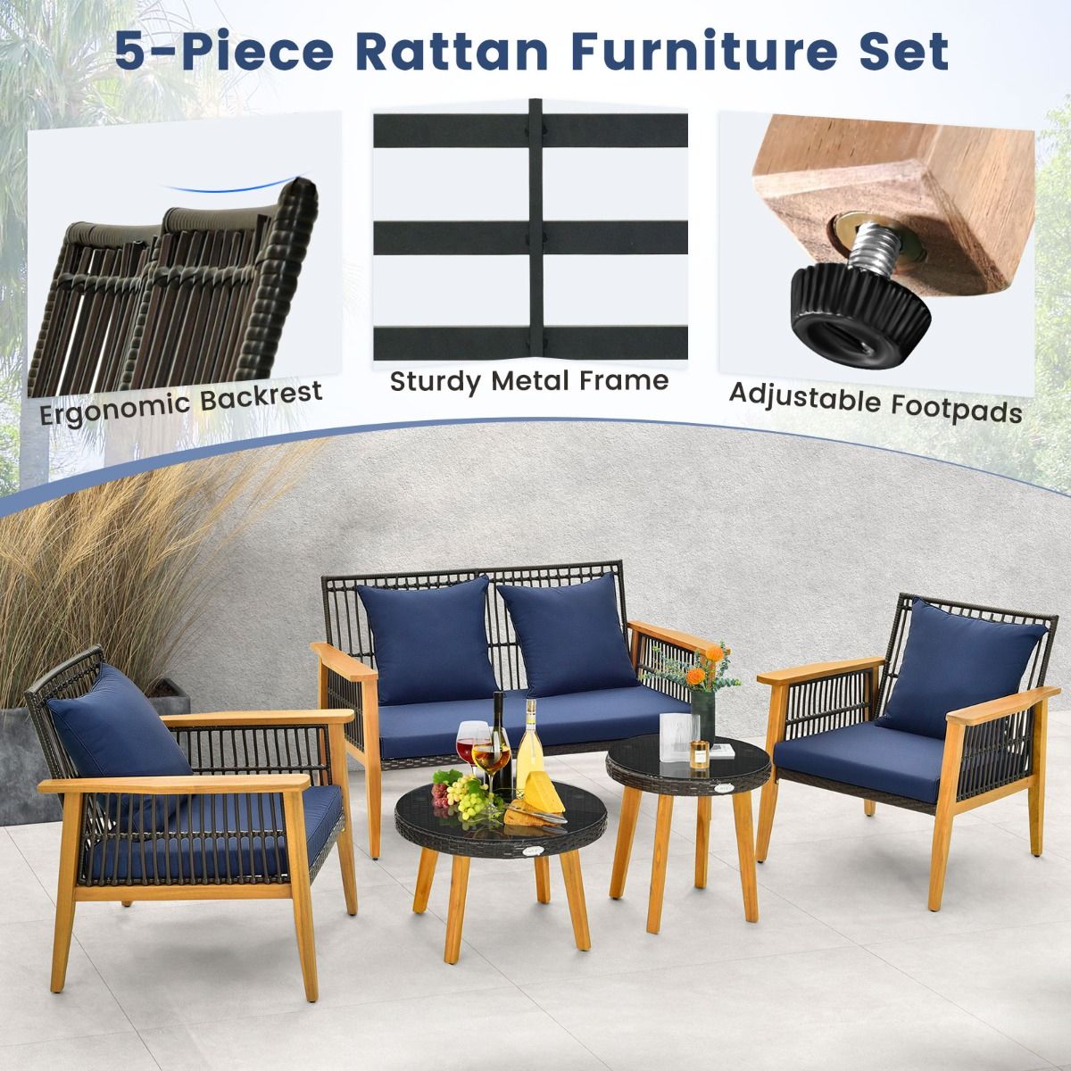 Coast 5-teiliges Rattan-Möbel-Set für den Außenbereich Braun mit marineblauen Kissen - 2 Stühle, Loveseat und 2 Couchtische (Stuhl 75x76x80 cm, Loveseat 132x76x80 cm, Tisch Ø48 cm & 60x38 cm)
