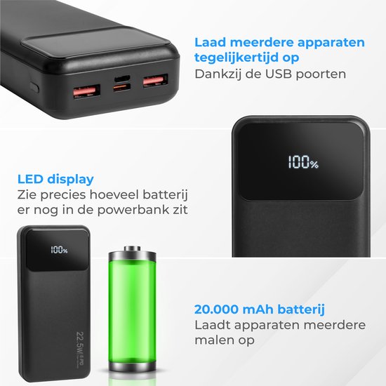 Nuvance - Powerbank 20000 mAh - 22,5 W Schnellladefunktion - USB, USB-C & Micro USB - Universal für Smartphones, Tablets & Gadgets - Reise-Powerbanks - Schwarz