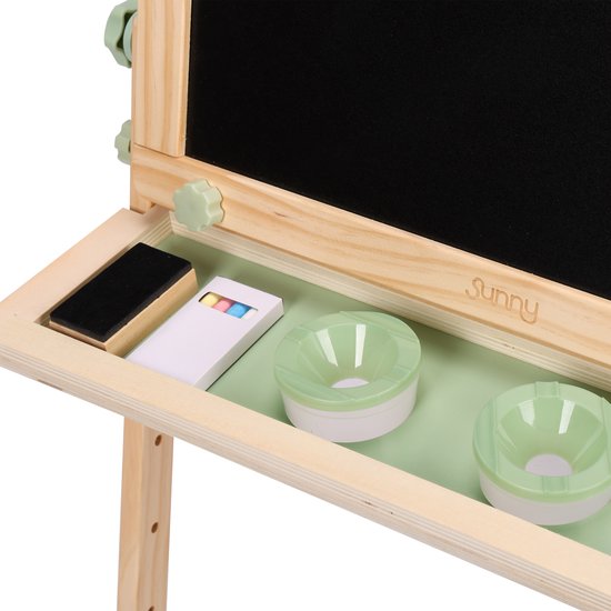 Sunny Mika Aktivitäts-Esel – Kinder-Esel aus Holz – Spiel-Esel mit Whiteboard, Kreidetafel, Magnettafel und Stecktafel – Inklusive Papierrolle, Magneten, Kreiden, Radiergummi, Zubehör für die Stecktafel und mehr – Lernspielzeug