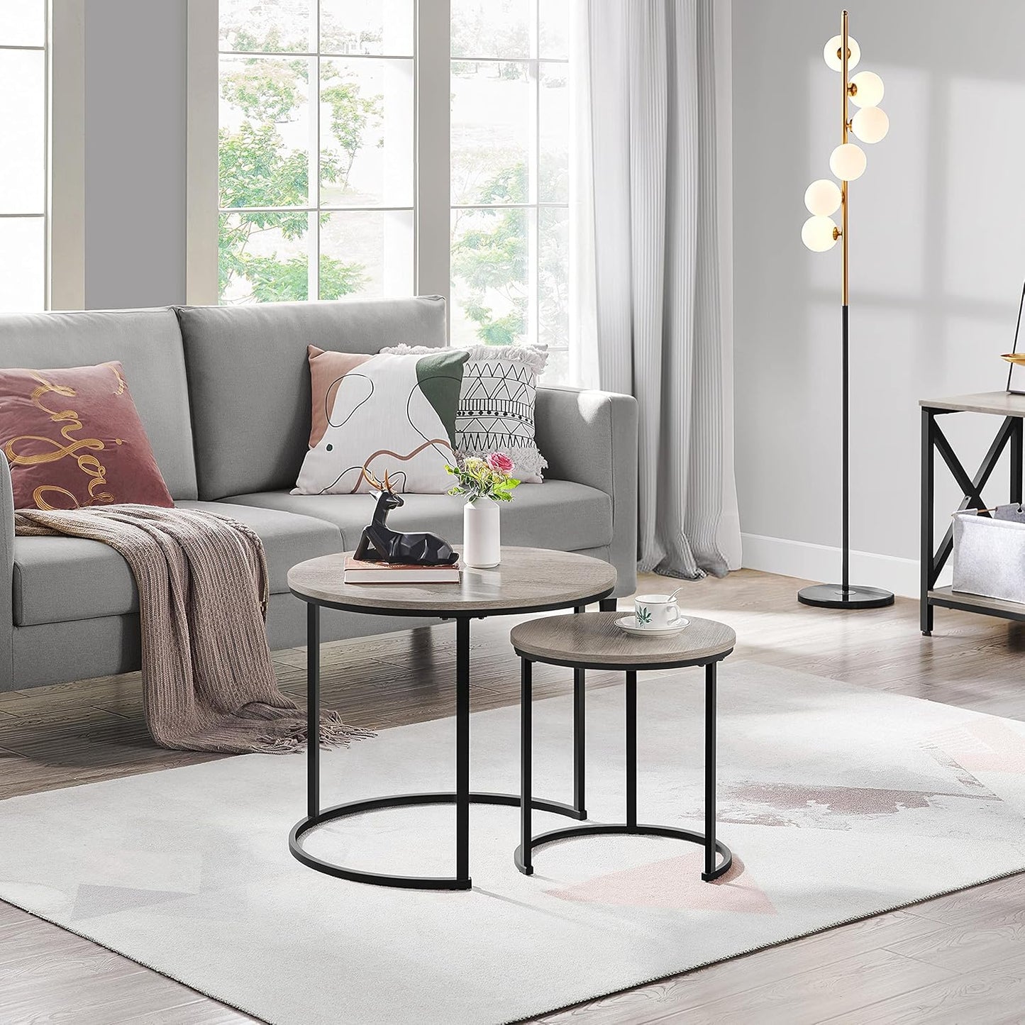 Yaheetech Couchtisch-Set, bestehend aus 2 runden Beistelltischen mit Metallgestell – Eiche-Farbton