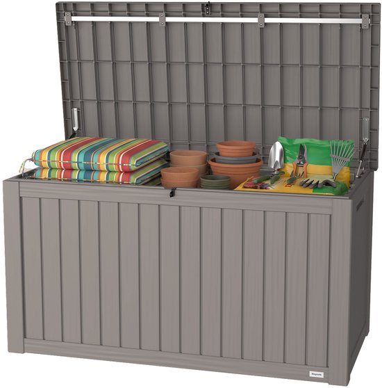 LifeGoods Aufbewahrungsbox - 570L - Kissenbox - Wasserdicht - Garten-Kissenbox - Rostfrei - Gartenbox - 137.5x66.5x72.8 cm - Grau
