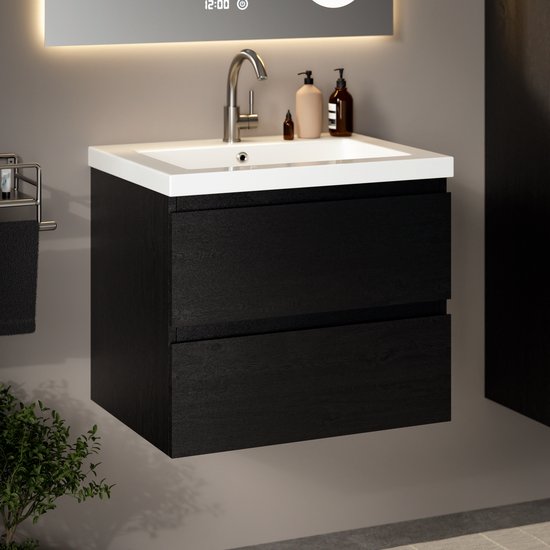 Mirlux Badezimmermöbel Schwarzeiche 60 cm – Waschbecken Weiß – Badezimmermöbel-Set – Waschtischunterschrank Schwarzeiche
