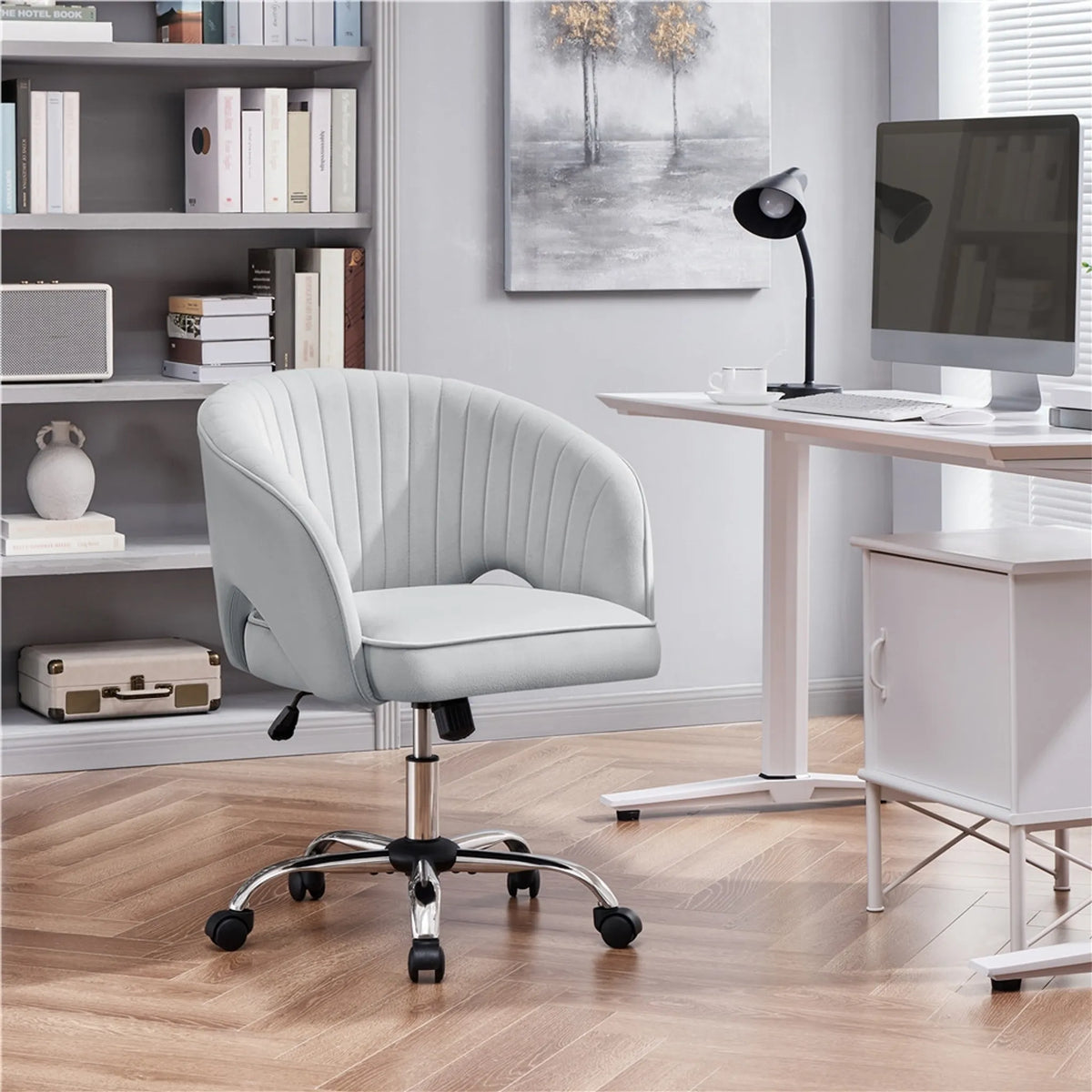 Yaheetech Bürostuhl Sessel - 60 x 56,5 x 73-83 cm - Mit samtig weicher Polsterung und verstellbarer Sitzhöhe und entspannender Schaukelfunktion - Für Büro und Empfangshalle - Hellgrau Polyester und Metall