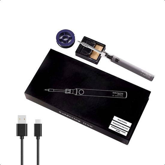 Tech Essentials Kabelloses Lötkolben Set - 8W - Elektrisch - Temperatur einstellbar bis 450°C - USB-C Wiederaufladbar - Grau - Batterie - Dose - Station - Pistole