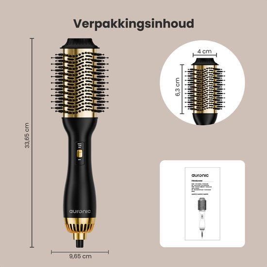 Auronic 4-in-1 Haartrocknerbürste - Airstyler - Kämme - Styles - Locken - Föhnen - 37 mm Lockenbürste - 360 Grad Luftstrom - Schwarz/Gold
