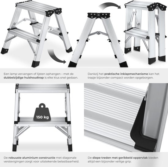 tectake® Doppelseitige Aluminium-Küchenleiter – 2 Sprossen – 38,5 cm – Stabile Leiter – Zusammenklappbare Trittleiter – Rutschfeste Haushaltsleiter