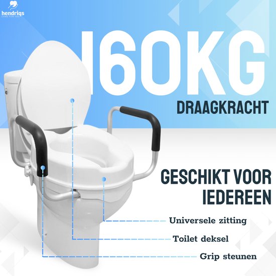 Hendriqs® WC-Sitzerhöhung 10 cm mit Armlehnen & Deckel – Toilettensitzerhöhung mit Armlehnen – Erhöhter Toilettensitz – Sitzverhöher für Erwachsene und Senioren – Höhenverstellbarer Toilettenstuhl – WC-Sitzverhöher – Toilettensitzverhöher