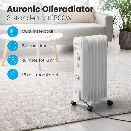 Auronic Ã–lradiator - Elektrischer Heizkörper - Thermostat - Timer - 3 Stufen - bis zu 1500W - Weiß