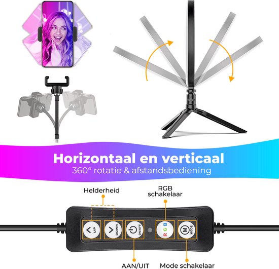 Studio ME Mehrfarbige Ringlampe mit Stativ - 10 Zoll/25 cm - RGB-Lampe - Ringlicht mit Stativ - Bluetooth - Telefonhalterung - Fernbedienung - USB - TikTok Lampe - Ringlicht