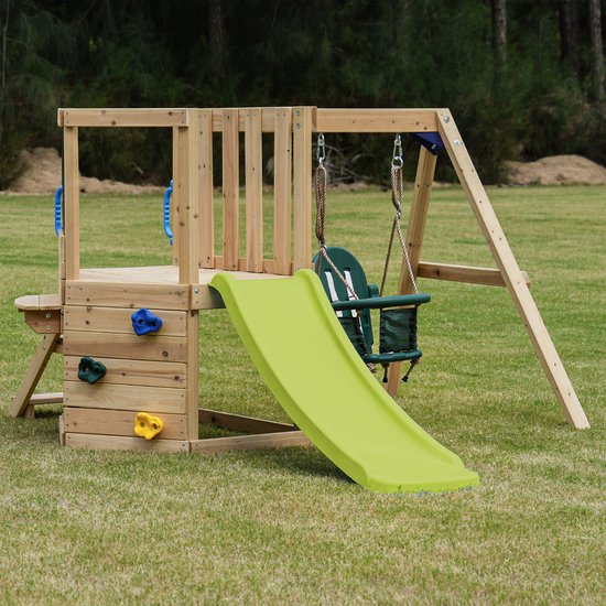 AXI Timo Mini-Spielgerät mit Babyschaukel, Kletterwand und Kreidetafel – Rote Rutsche – FSC-Holz – Kleines Spielgerät für den Garten / den Außenbereich