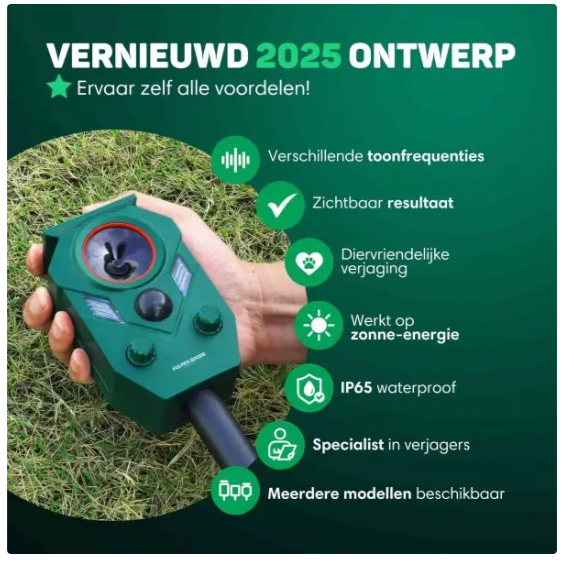 Vulpes Goods® - Katzenvertreiber Premium - 5 x 9 x 14 cm - Mit 5 Arbeitsmodi und PIR-Sensor und LED-Blitzlicht und Solarenergie - Für Garten und Balkon - Grüner Kunststoff