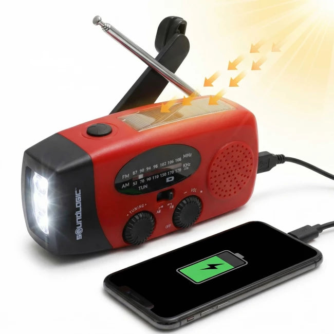 Soundlogic Solar-Notfallradio mit Handkurbel – Powerbank 2000 mAh, Taschenlampe und SOS-Funktion – Rot – 13 × 4,7 × 6,6 cm