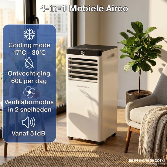 Erikssøn Mobile Klimaanlage – 10.000 BTU – inkl. Fensterdichtungsset – bis zu 30 m² – 4-in-1 – Klimaanlage – Ventilator – Luftentfeuchter – Weiß