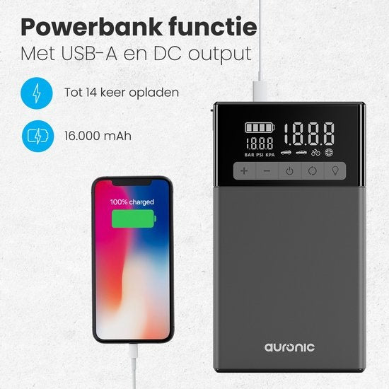 Auronic Jumpstarter - mit Kompressor - 12V - 1500A - 16.000 mAh - 6-in-1 Starthilfe - Inkl. Aufbewahrungstasche & Zubehör - Schwarz/Grau