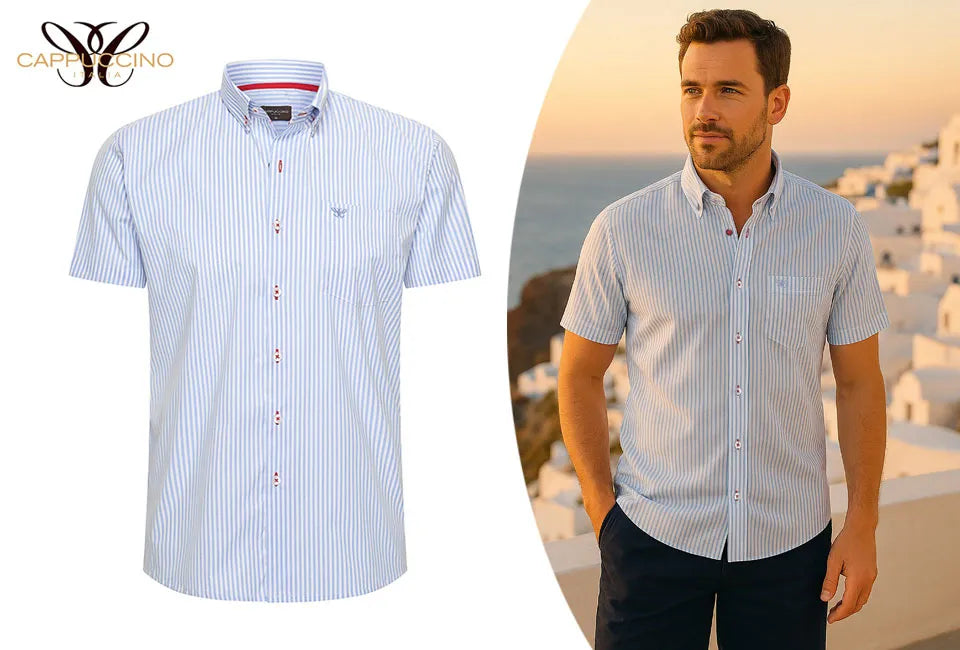 Cappuccino Airy Herren Kurzarmhemd Weiß mit hellblauen Streifen - Größe S