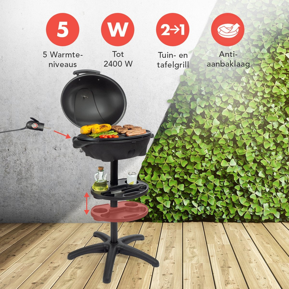 KitchenBrothers Elektrogrill - mit Grillplatte - Antihaftbeschichtung - Inkl. Ablage/Halterungen - Grillfläche 46,5x33,8cm - bis zu 300Â°C - 2400W - Schwarz