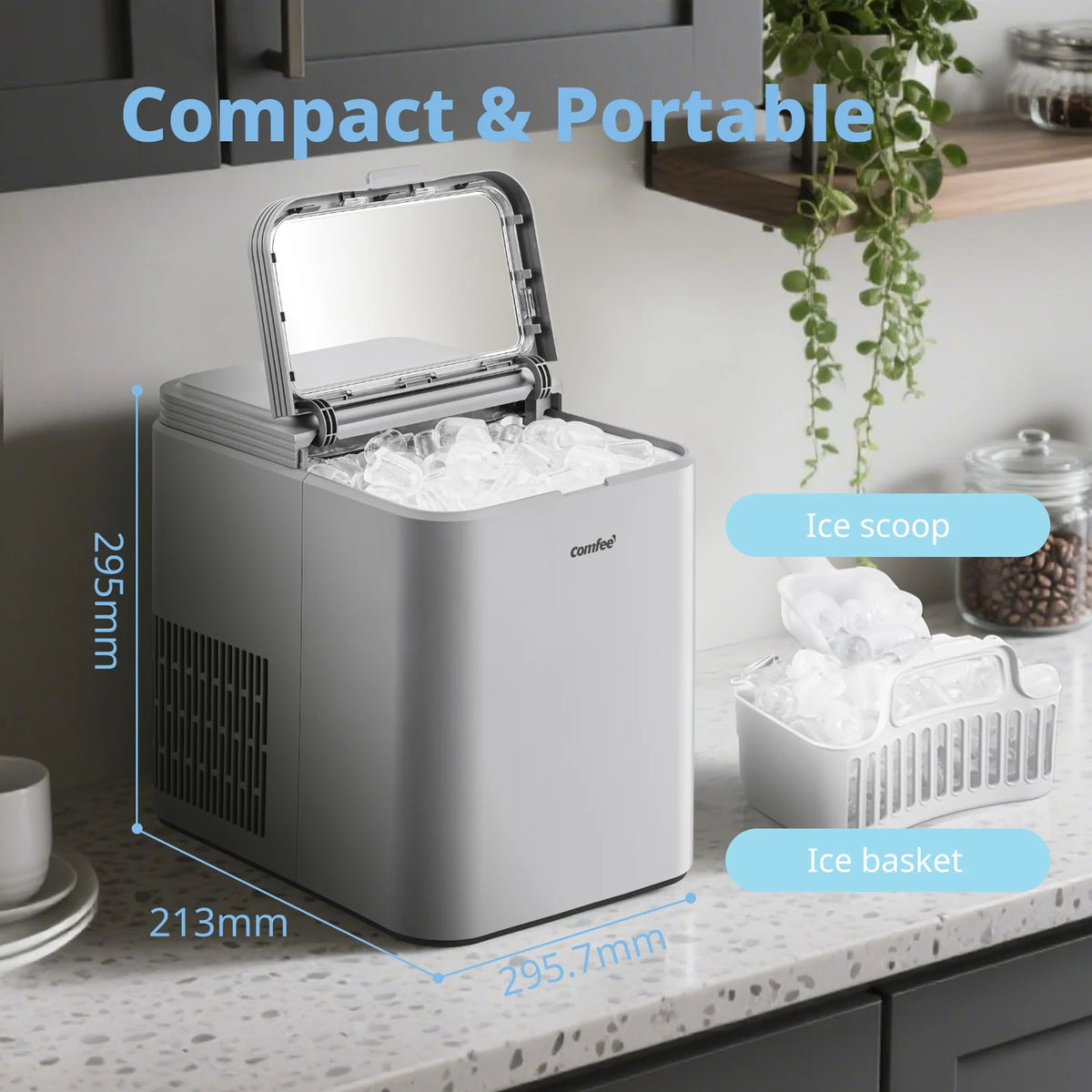 Comfee' Eiswürfelmaschine Grau – 12 kg/24 Std. – Eis in 6 Minuten – Selbstreinigend