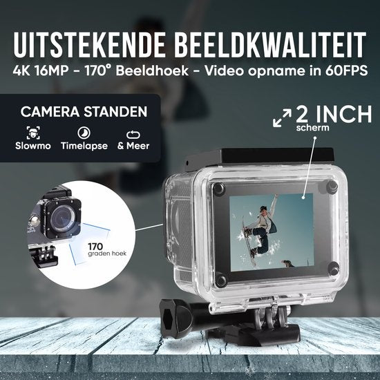 Strex Action Kamera - 4K 16MP - 60FPS - 30M Wasserdicht - WiFi - Inklusive Zubehör - Unterwasserkamera