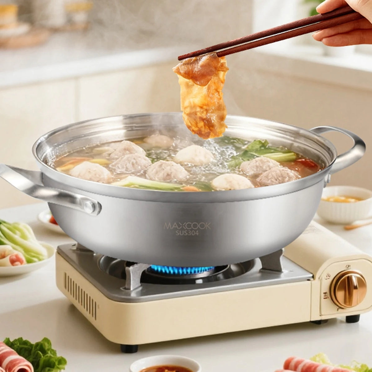 Maxcook Hotpot, 3-lagig, Edelstahl 304 – 28 cm – Doppelgriff, induktionsgeeignet