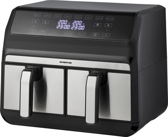 Inventum GF800HLD - Doppel-Luftfritteuse - Heißluftfritteuse - 2 x 4 Liter - 8 Programme - Duale Kochfunktion - 80 bis 200 Grad - PFAS frei - 1700 Watt - Schwarz/RVS
