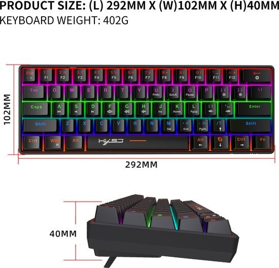 HXSJ V900 Wired Mechanical Gaming Keyboard - TKL - RGB-Beleuchtung - Ergonomisch - QWERTY - 61 Tasten - Blauer Schalter - Schwarz