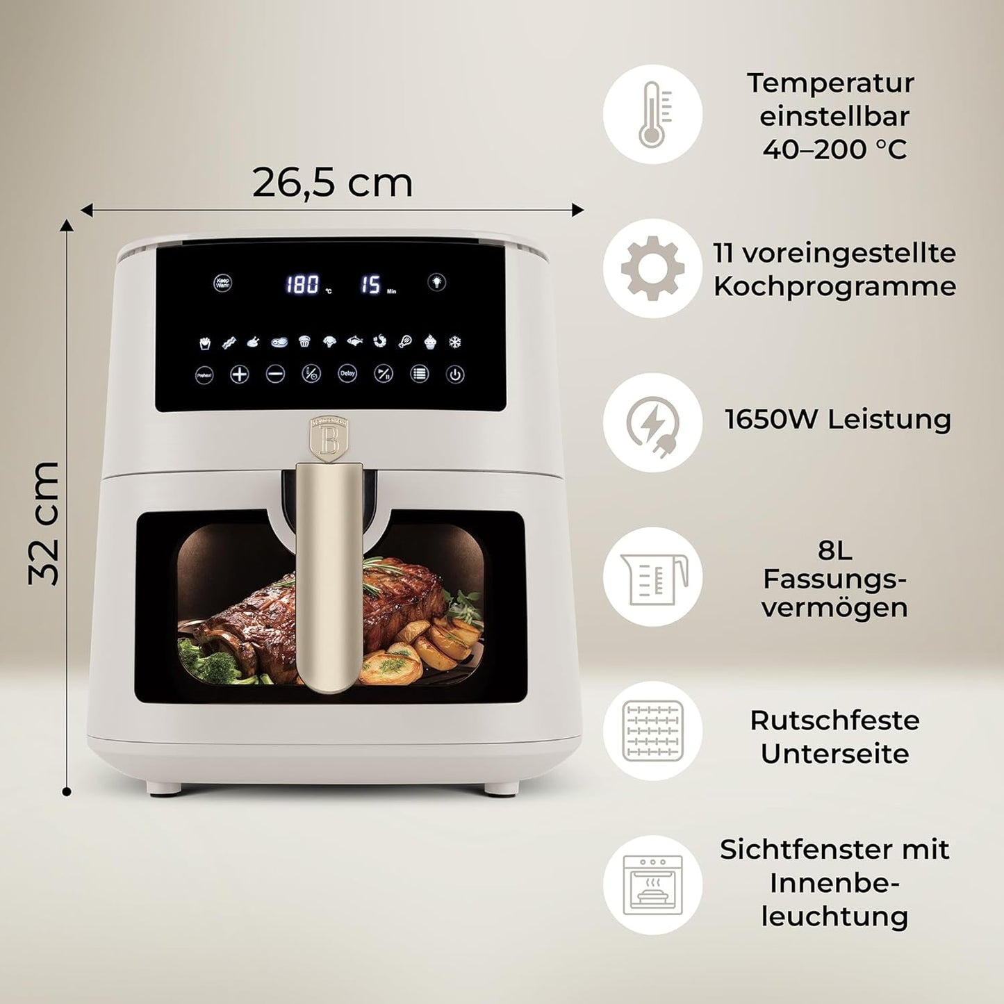 Berlinger Haus Heißluftfritteuse 8 Liter – Matt-Creme – Digitales Touch-Display – 1650 W – 33 x 36,5 x 36,5 cm