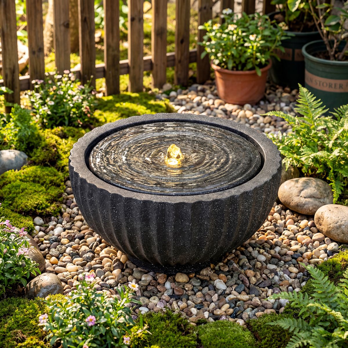 Coast Runder Gartenbrunnen – mit LED-Beleuchtung – Steinoptik – 45 x 45 x 23,5 cm – schwarz