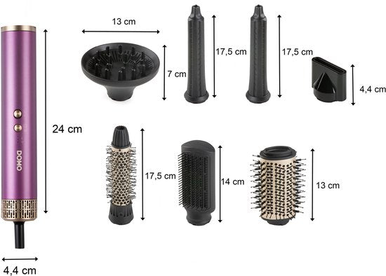 DOMO DO54782HS 7-in-1-Airstyler – Föhnbürste – Multistyler – Lockenbürste – Glättbürste – Föhn mit 7 Aufsätzen – Lila/Gold